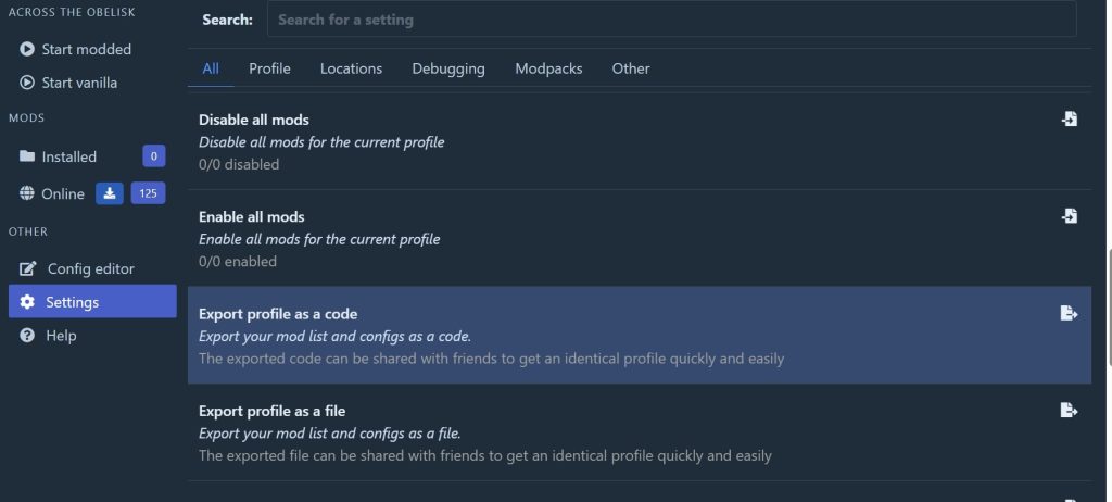 export profile as a code - Troubleshooting  r2modman